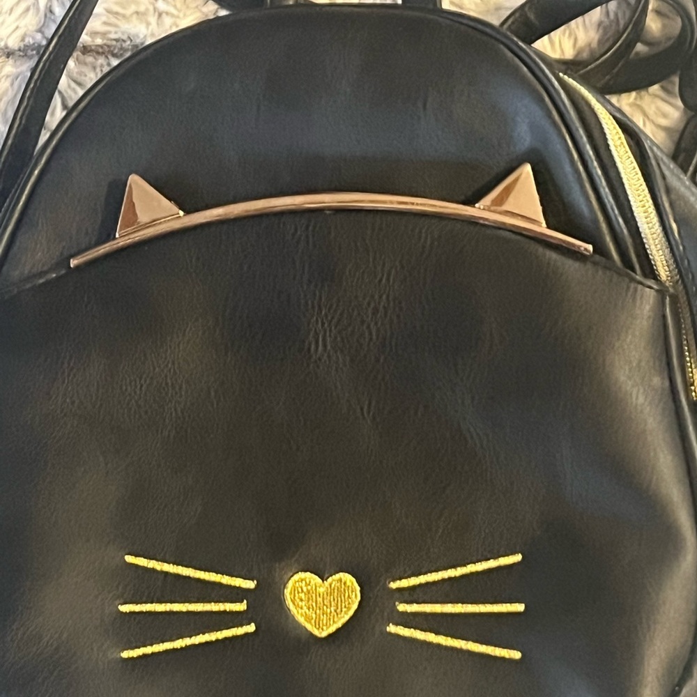 ❤️ 4 for $15 Black Kitty Backpack w Gold Ears and Hardware - Picture 3 of 10